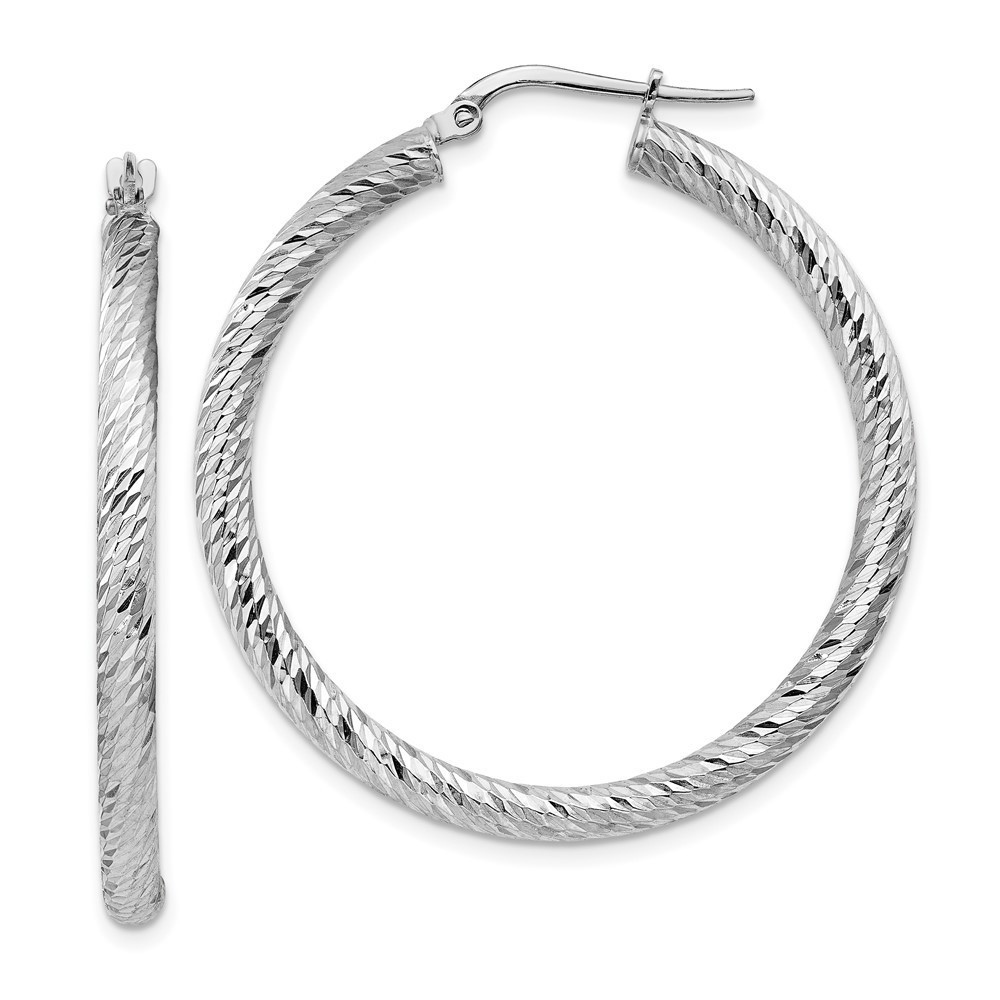 14k 3mm Polished White Gold Diamond-Cut Round Hoop Earrings